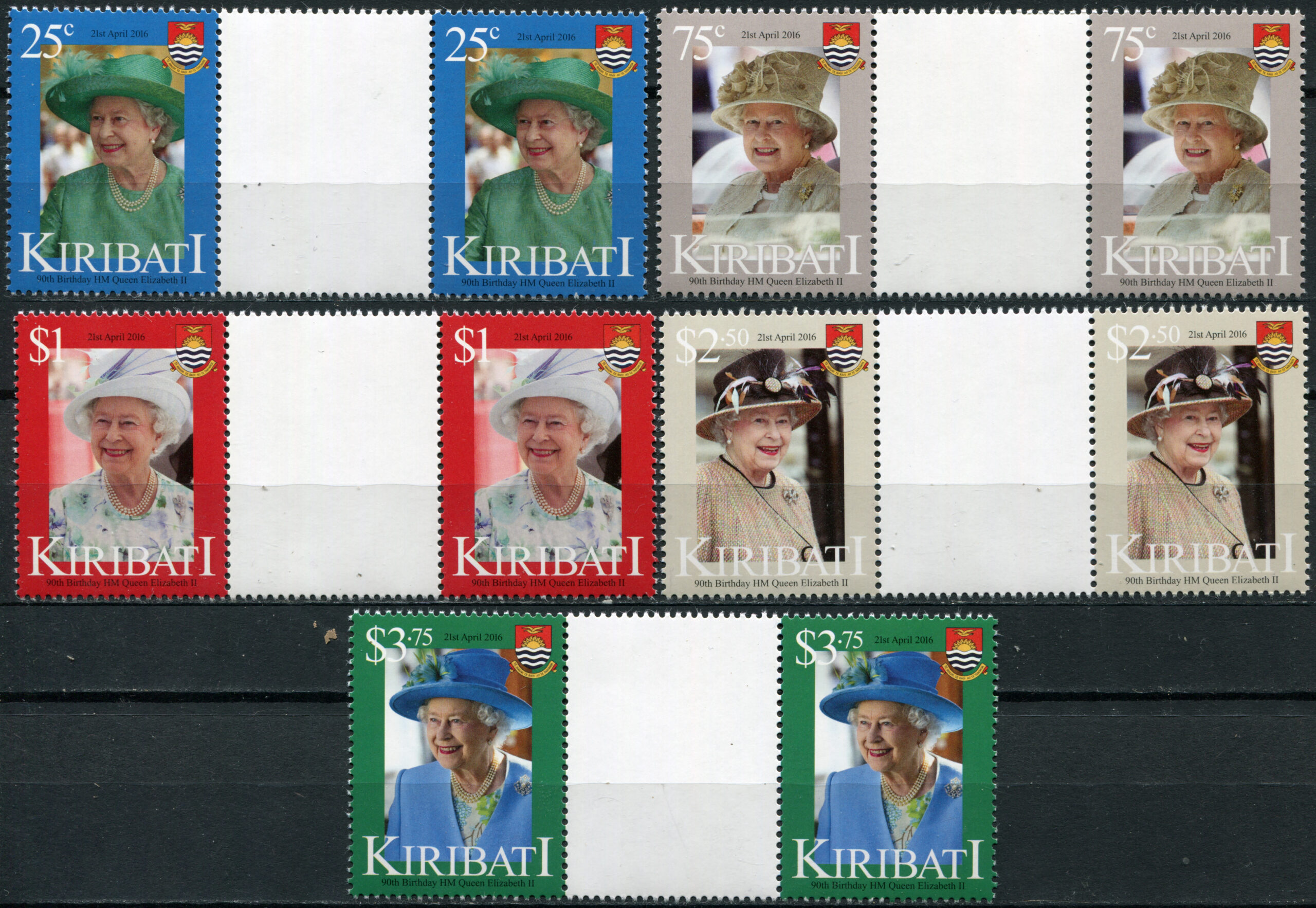 Kiribati. 2016. 90th Birthday of Queen Elizabeth II (MNH **) set of 5 Gutter pairs