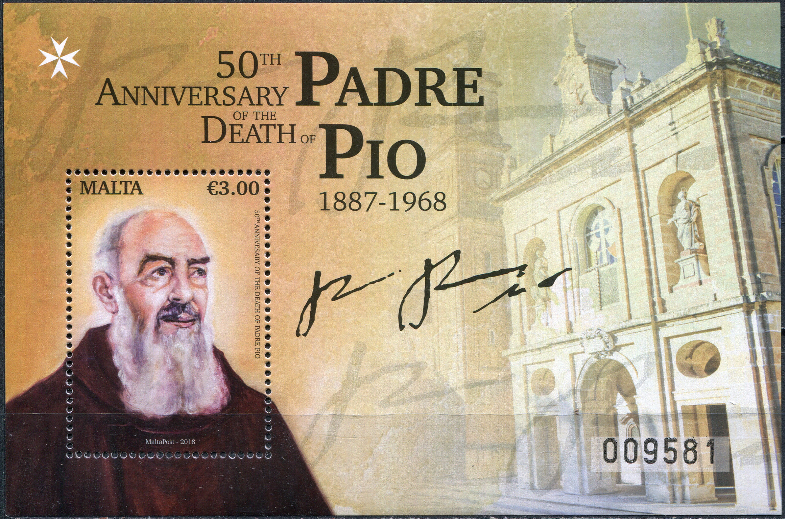 Malta. 2018. 50th Anniversary of the Death of Padre Pio 1887-1968 (MNH **) Souvenir Sheet