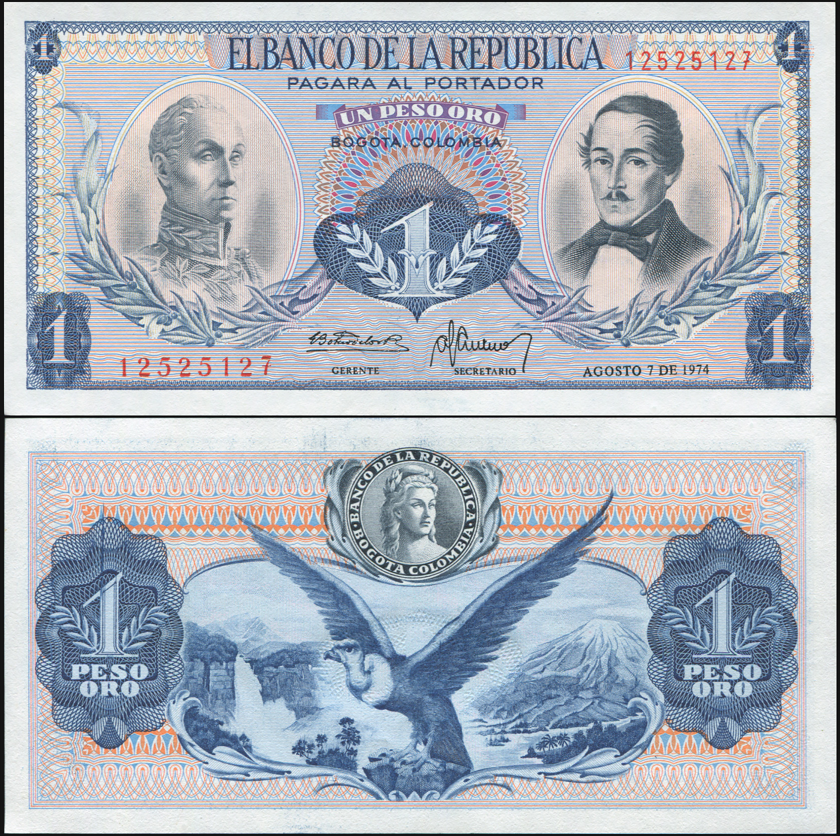 Colombia. Banknote 1 peso oro. 07.08.1974. Unc. Paper. Кат# P.404e