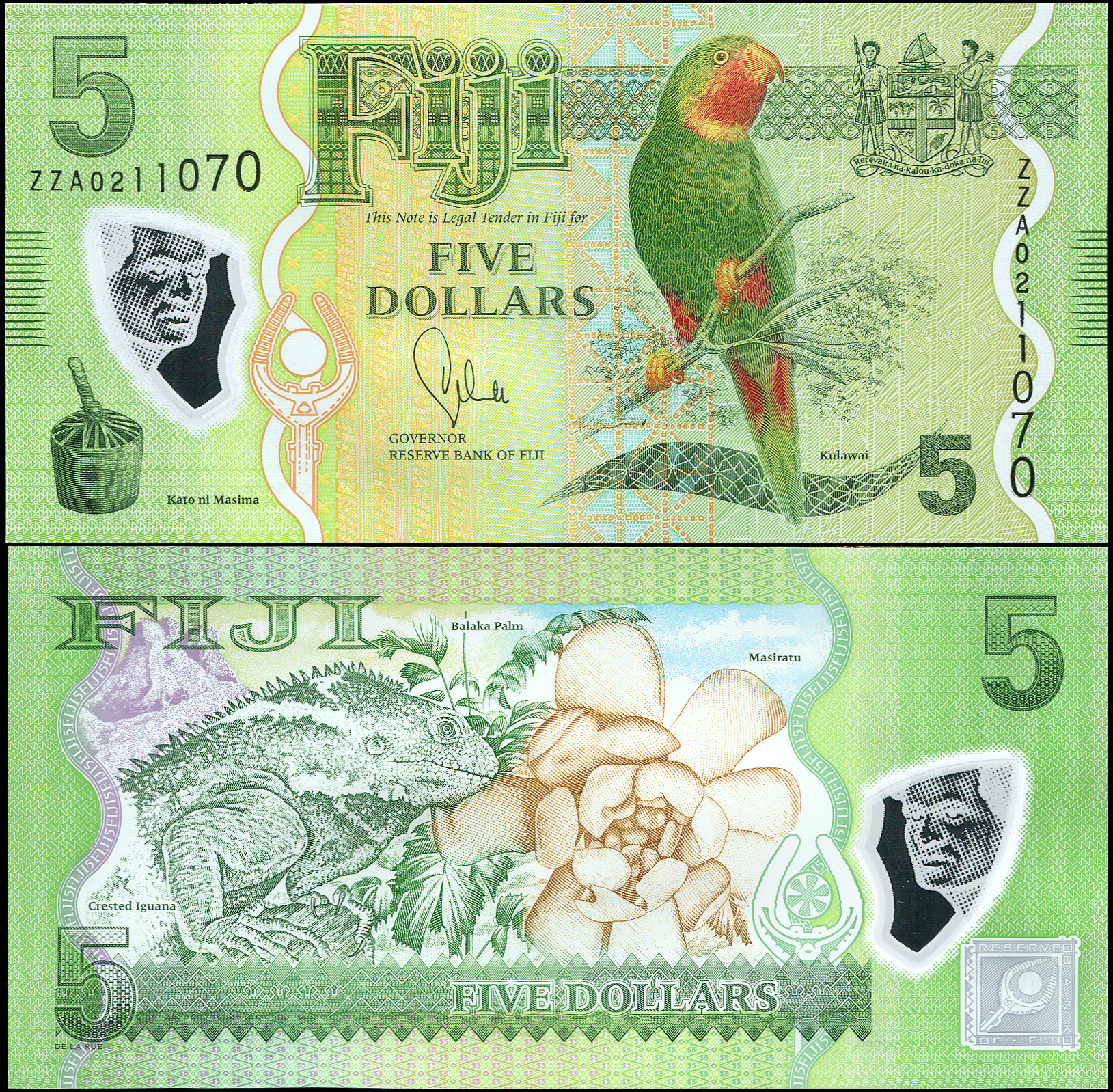 Fiji. Banknote 5 dollars. ND(2013). Unc. Polymer. Replacement. Кат# P.115a