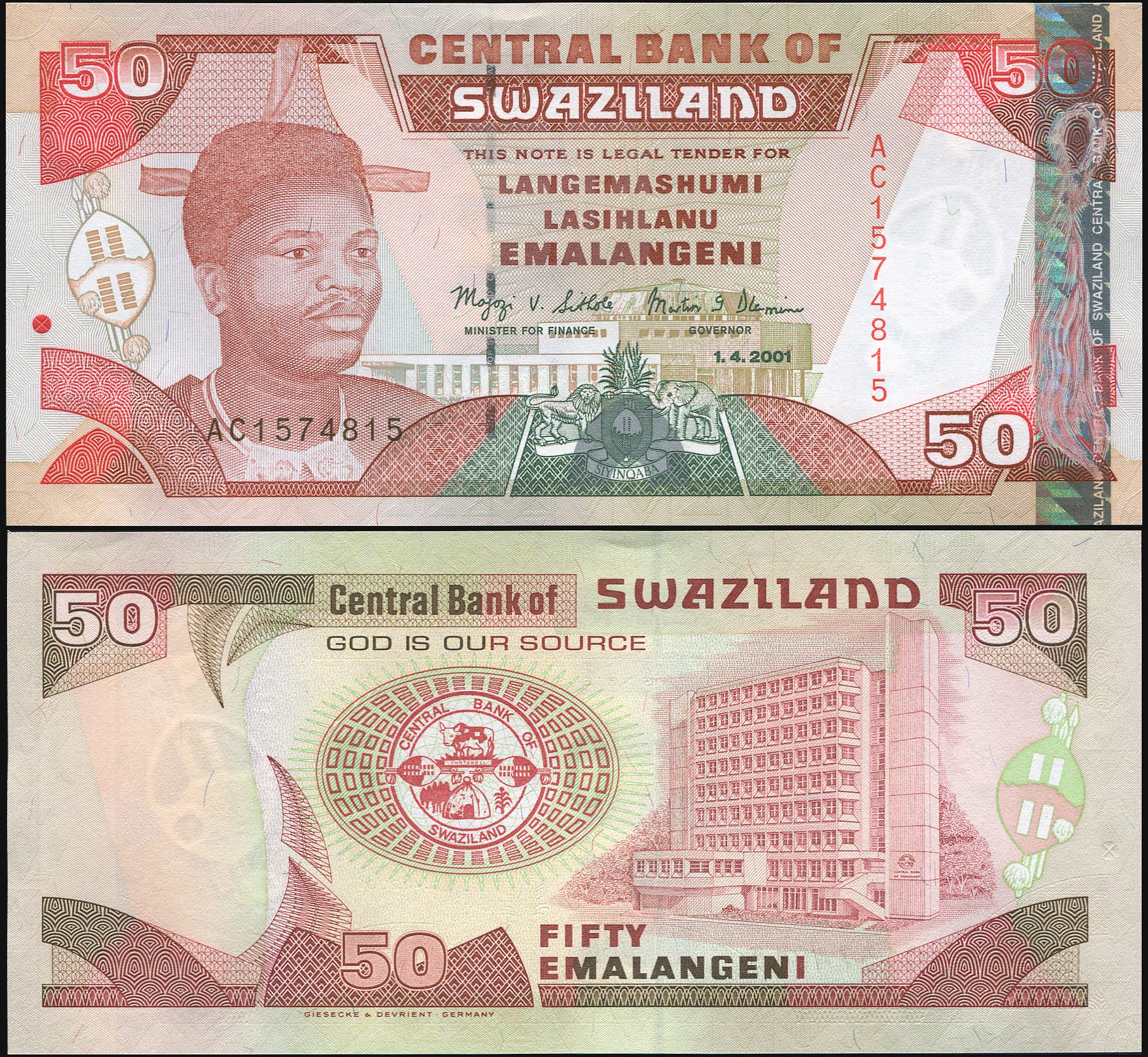 Swaziland. Banknote 50 emalangeni. 01.04.2001. Unc. Paper. Кат# P.31a