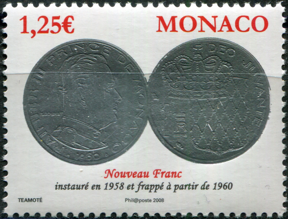 Monaco. 2008. Coins. 1 New Franc Rainier III (1960) (MNH **) Stamp