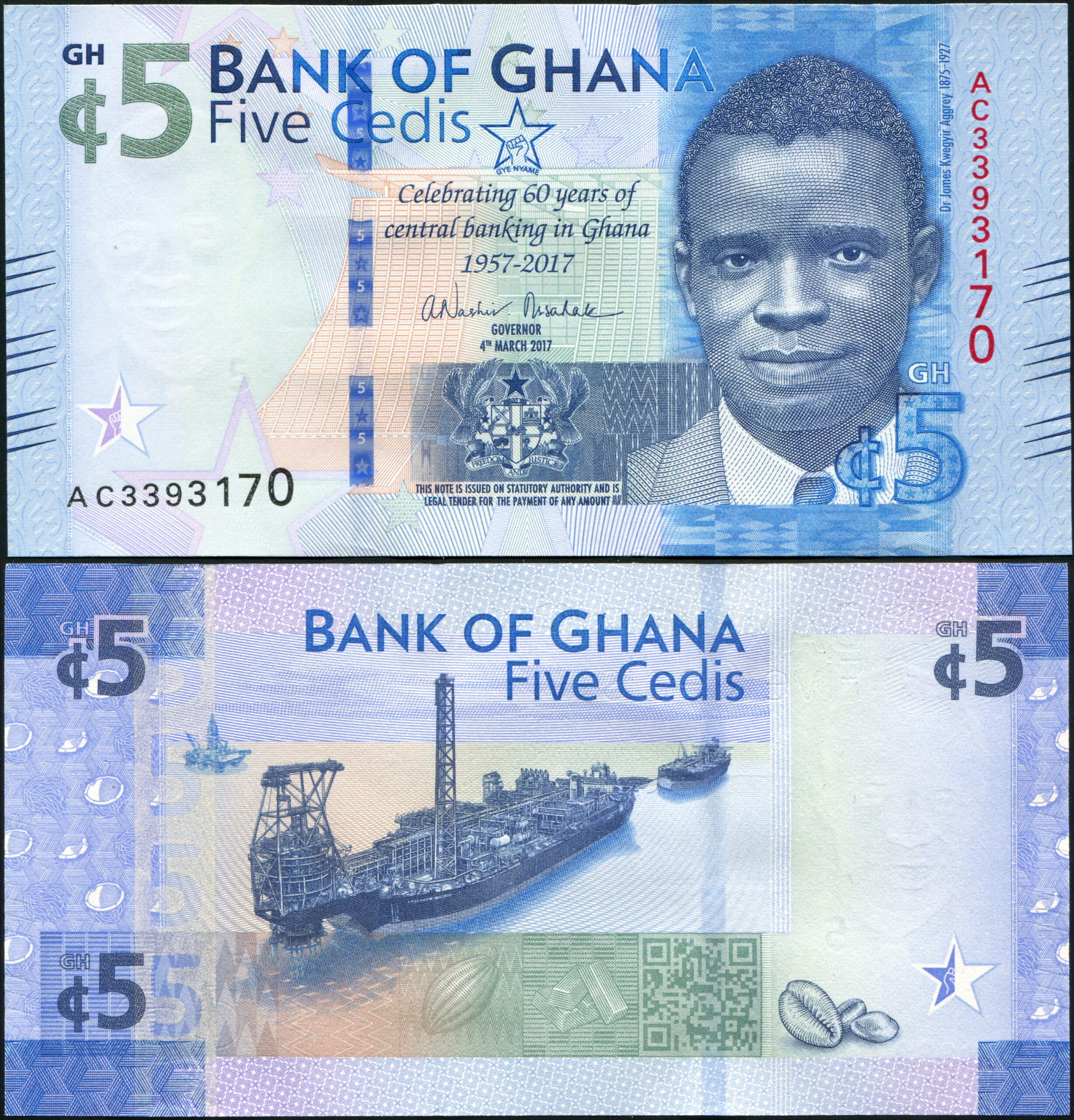 Ghana. Banknote 5 cedis. 2017. Unc. Paper. Кат# P.43a