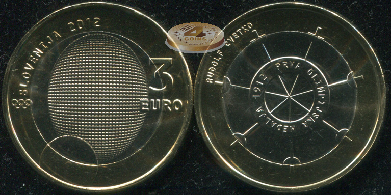 Slovenia 3 euro coin. 2012 (Unc. Bi-Metallic) 100 years of Slovenia's first Olympic medal