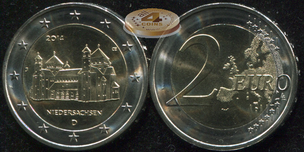 Germany 2 euro coin. 2014.J (Unc. Bi-Metallic) St. Michael's Church in Hildesheim, Lower Saxony