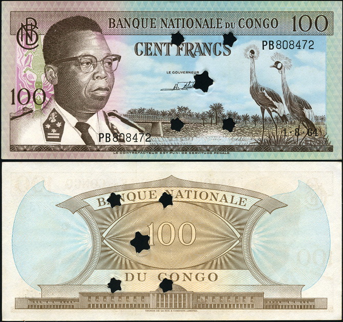 Congo. Banknote 100 francs. 1964. Unc. Paper. Cancelled. Кат# P.6f