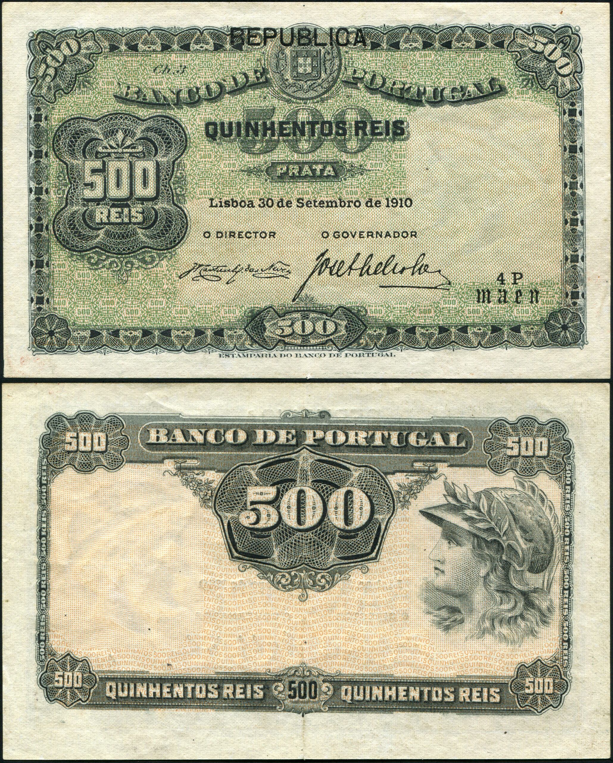 Portugal. Banknote 500 peis. 1910 (1917). XF+. Paper. Кат# P.105a