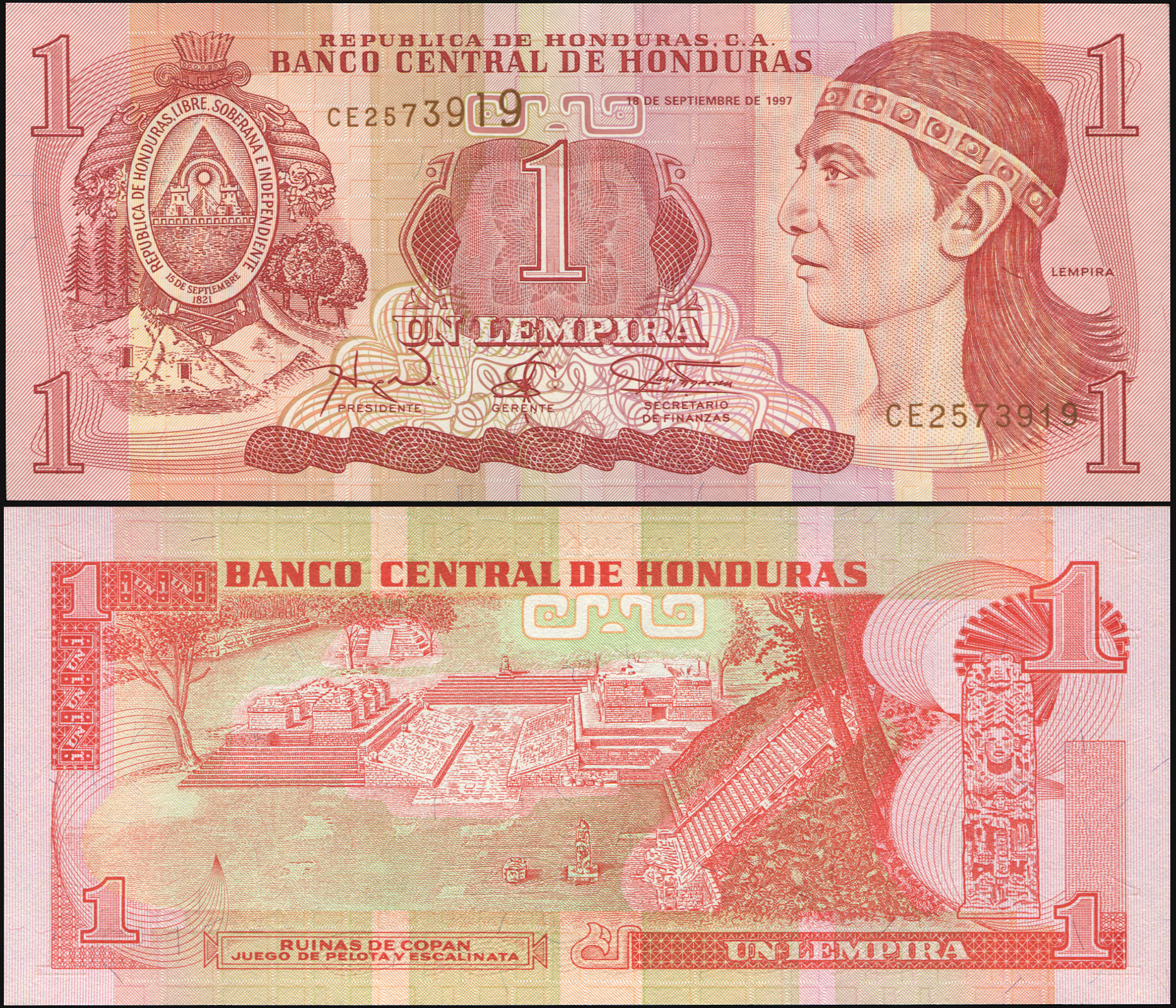 Honduras. Banknote 1 lempira. 1997. Unc. Paper. Кат# P.79A