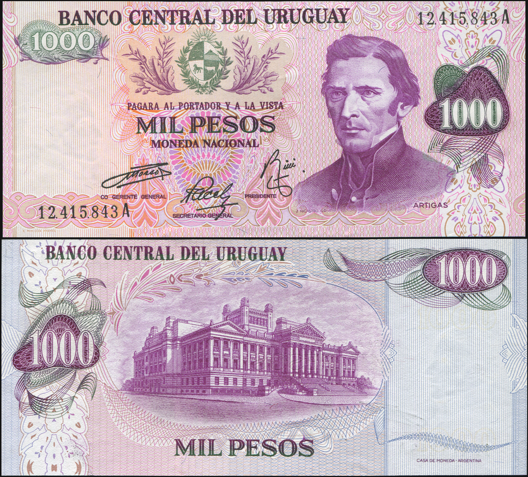 Уругвай Банкнота 1000 песо. ND (1974). Unc Бумага Кат# P.52b