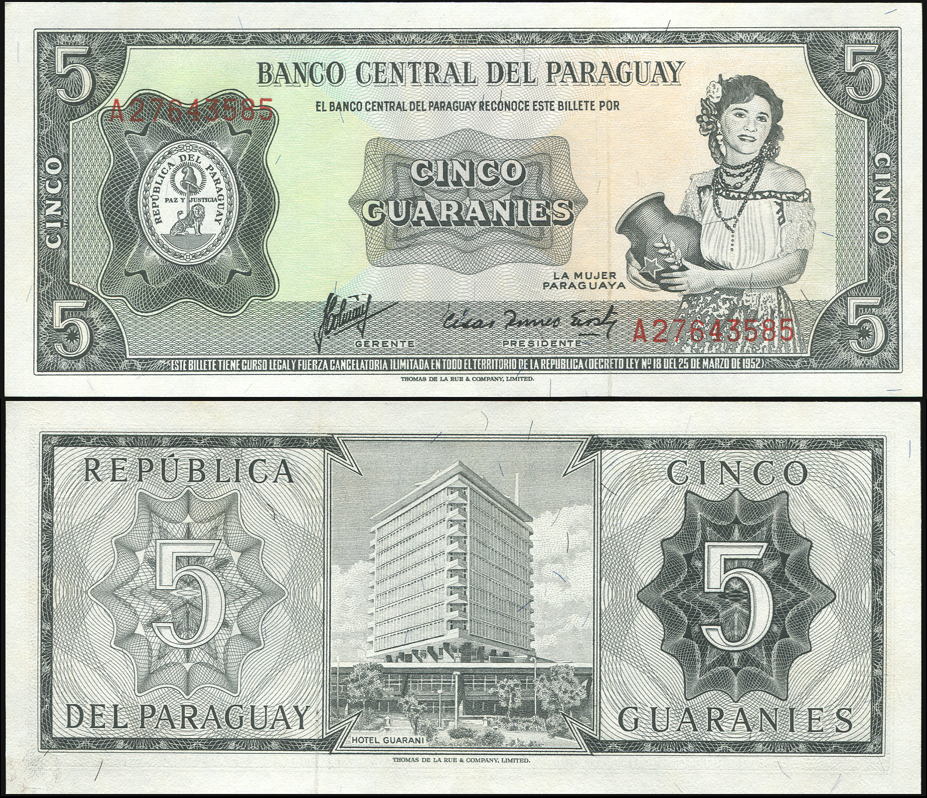 Парагвай Банкнота 5 гуарани. 25.03.1952 (1963). Unc Бумага Кат# P.195b