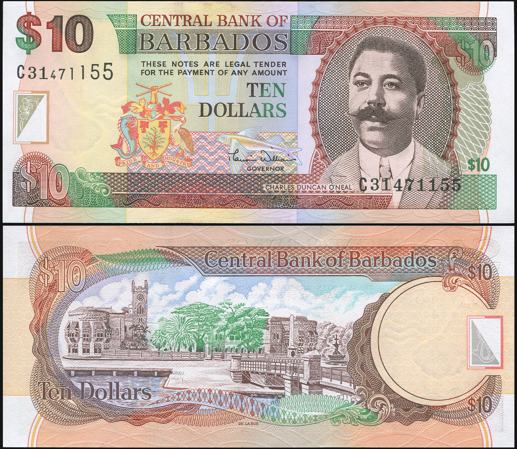 Барбадос Банкнота 10 долларов. ND (2000). Unc Бумага Кат# P.62a