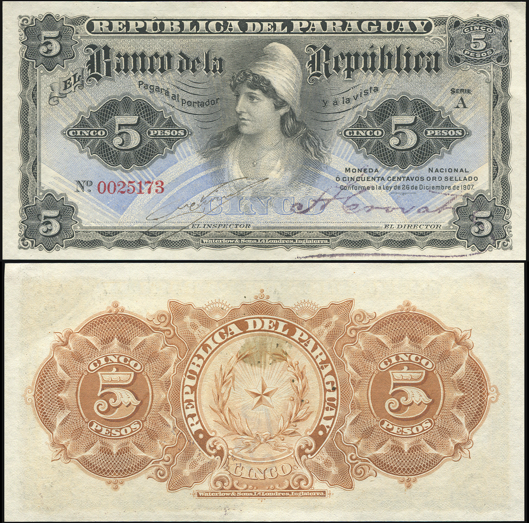 Парагвай Банкнота 5 песо. 26.12.1907. Unc Бумага Кат# P.156