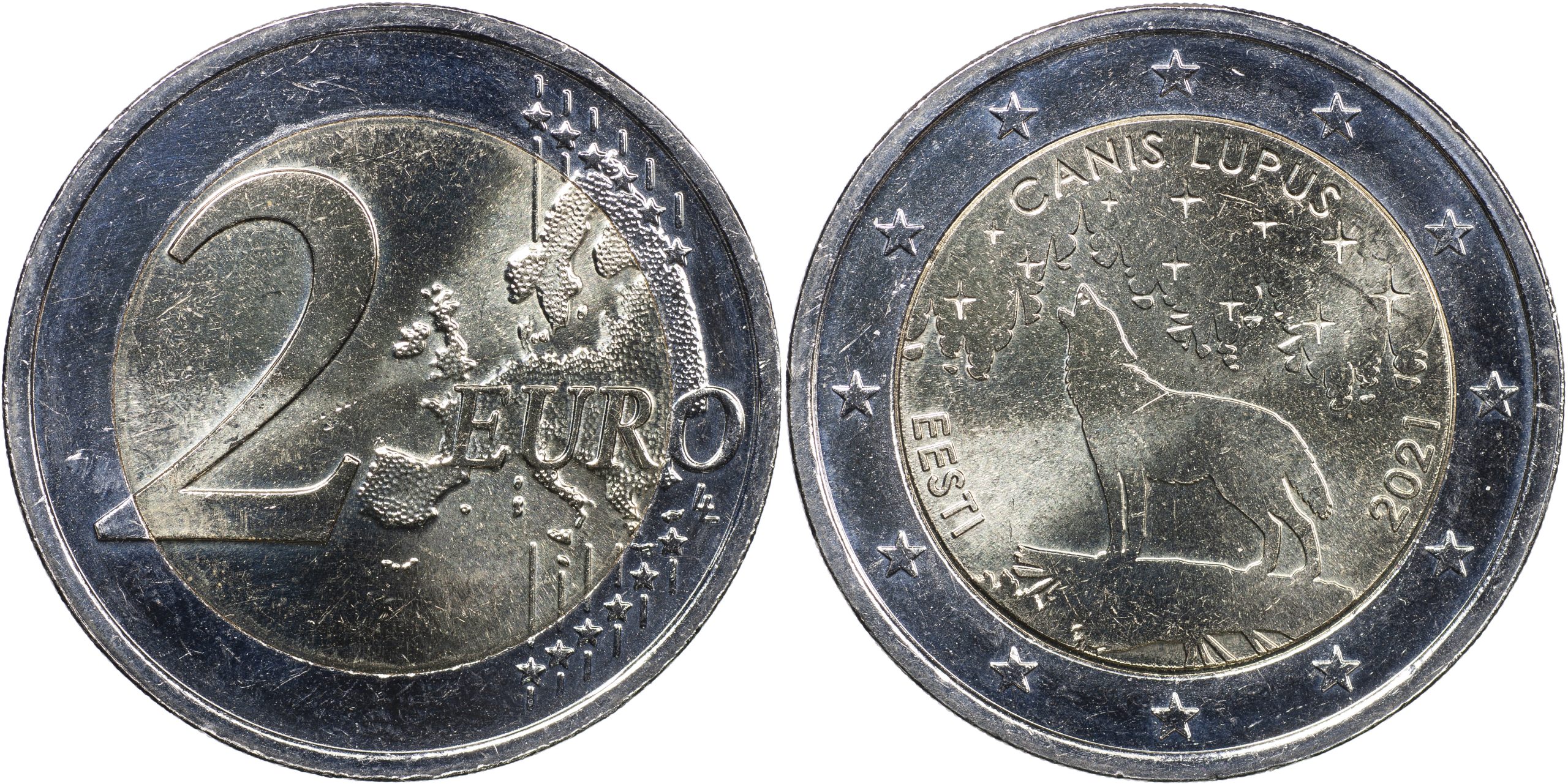 Эстония Монета 2 евро. 2021 (Unc. Биметалл) Эстонское национальное животное — Волк