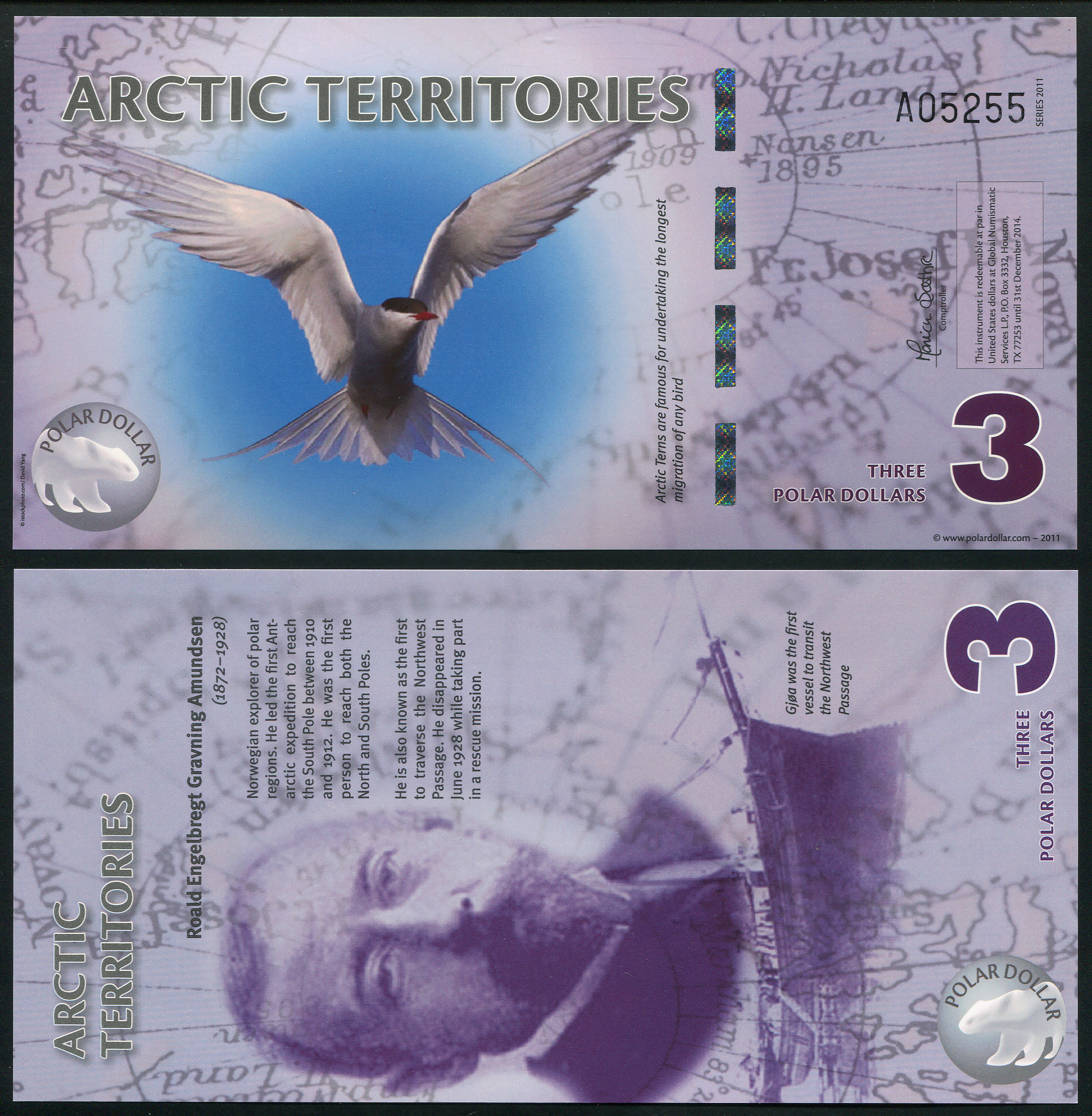 Арктические территории. Банкнота 3 доллара. 2011. Unc. Пластик. Кат# P.NL