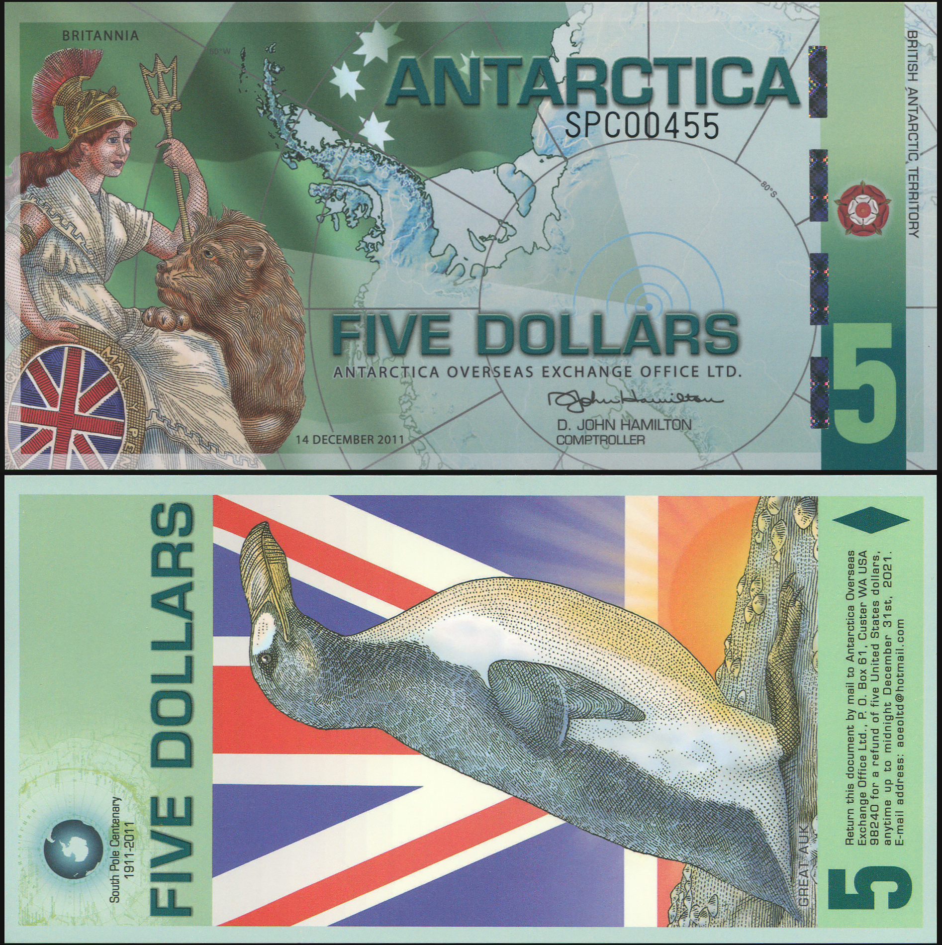 Антарктида. Банкнота 5 долларов. 14.12.2011. Unc. Пластик. Кат# P.NL
