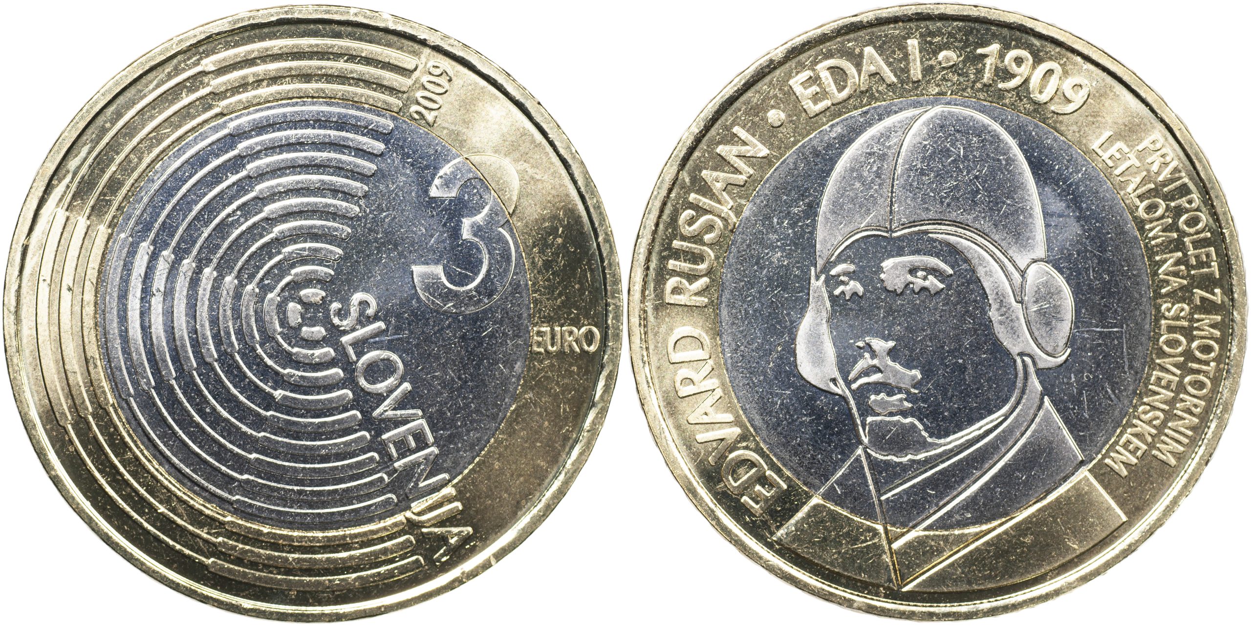 Словения Монета 3 евро. 2009 (Unc. Биметалл) 100 первого полета на моторном самолете