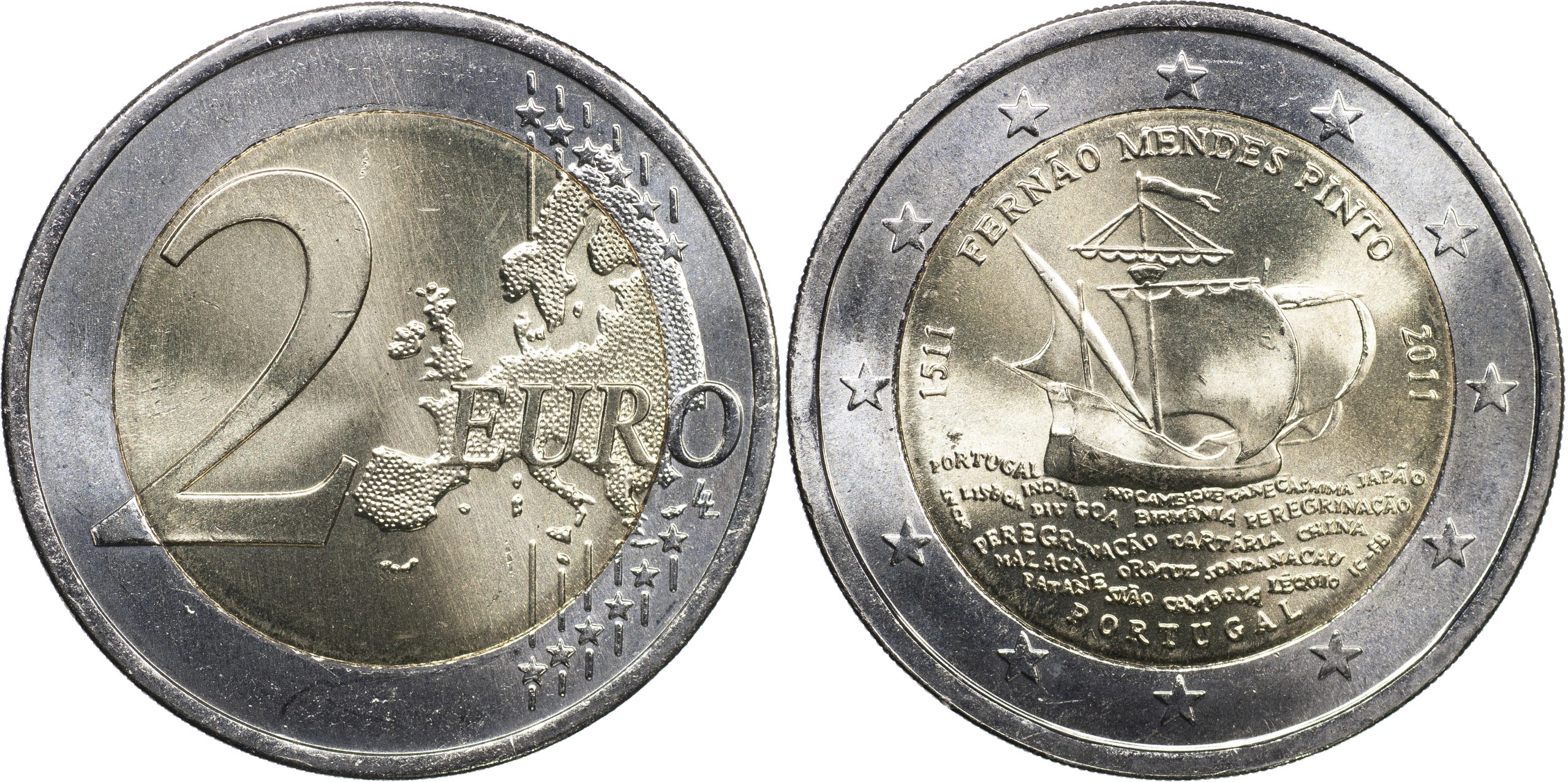 Португалия Монета 2 евро. 2011 (Unc. Биметалл) 500 лет со дня рождения Фернана Мендиша Пинту