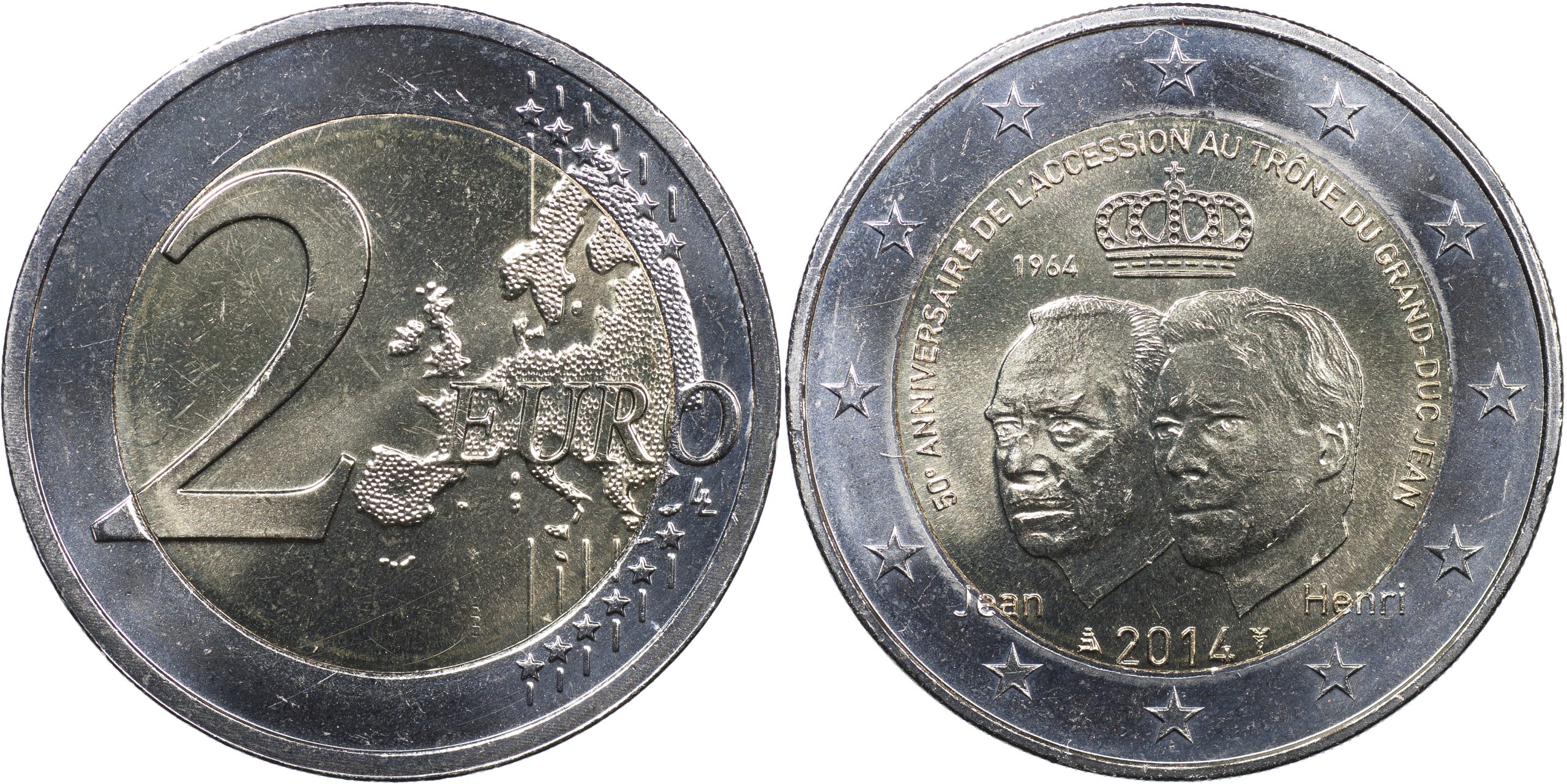 Люксембург Монета 2 евро. 2014 (Unc. Биметалл) 50-летие восшествия на трон Великого Герцога Жана