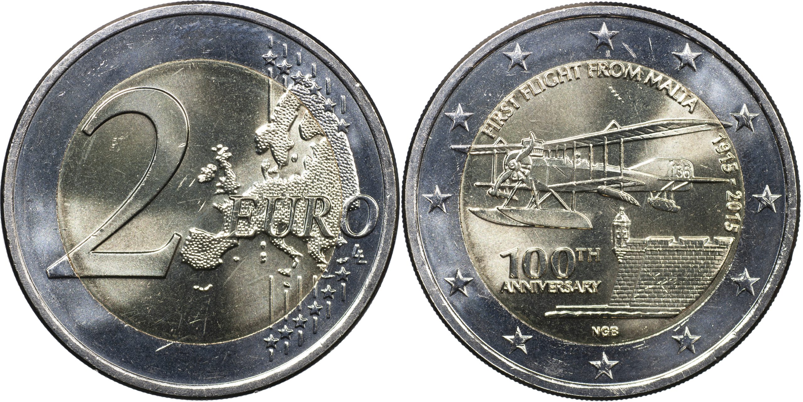 Мальта Монета 2 евро. 2015 (Unc. Биметалл) 100-летие первого авиаполёта с Мальты