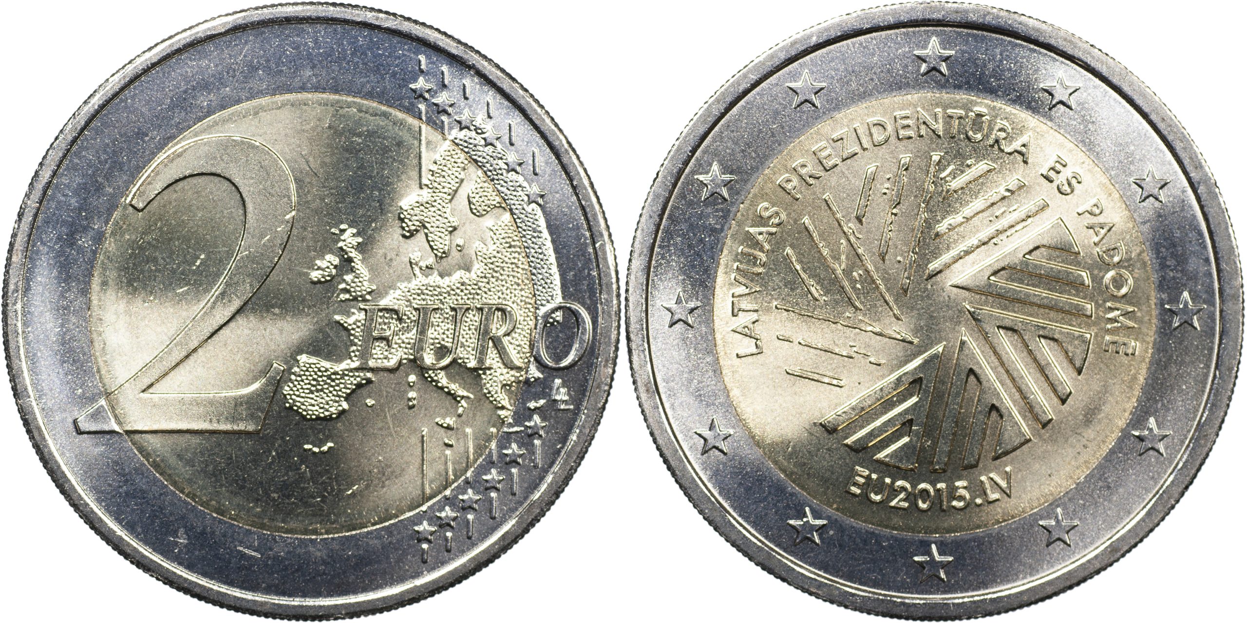 Латвия Монета 2 евро. 2015 (Unc. Биметалл) Председательство Латвии в Совете ЕС