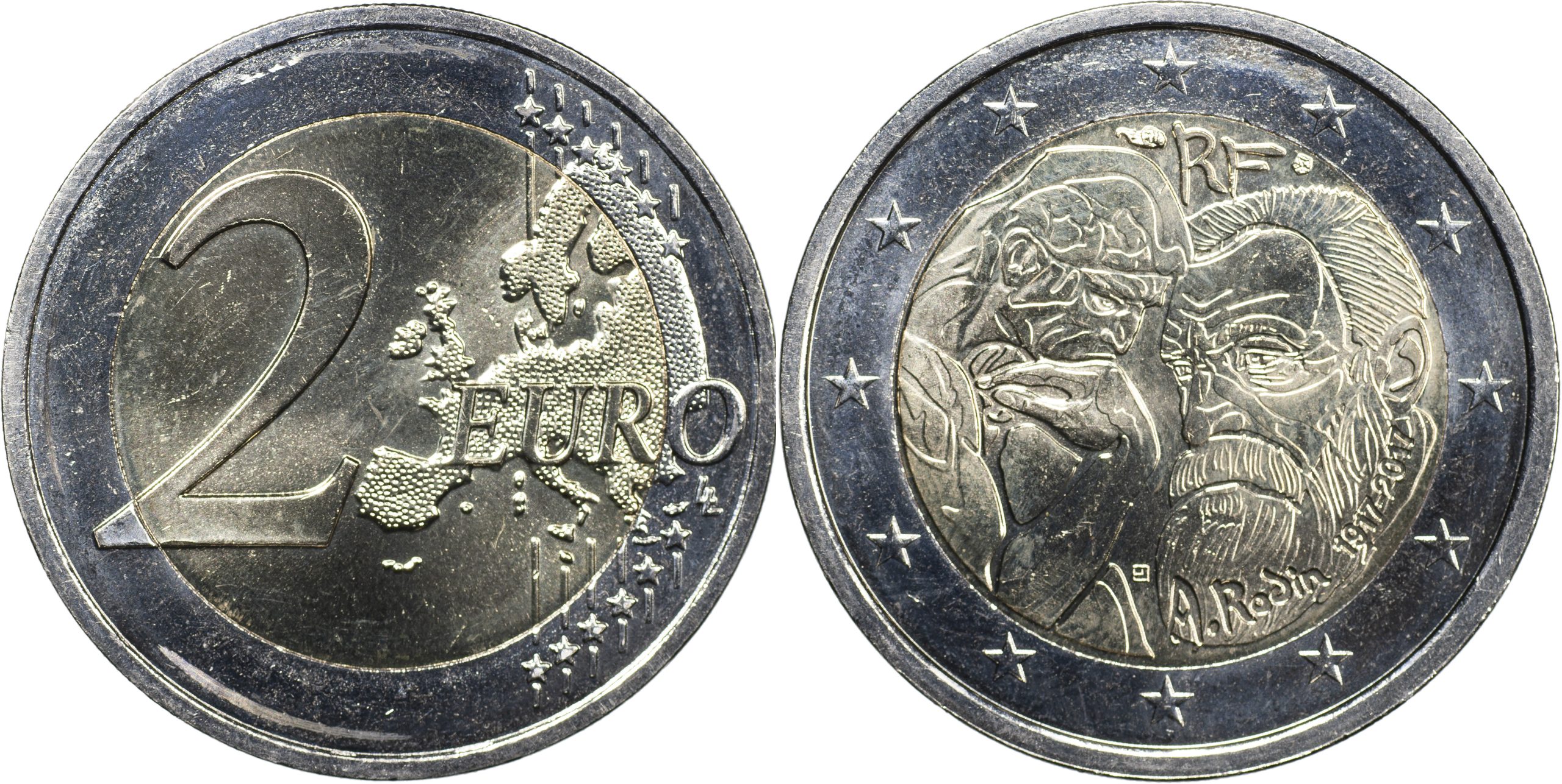 Франция Монета 2 евро. 2017 (Unc. Биметалл) 100 лет со дня смерти Огюста Родена