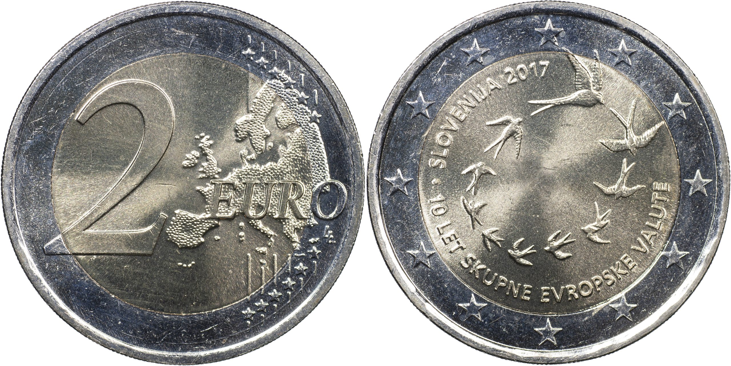 Словения Монета 2 евро. 2017 (Unc. Биметалл) 10-я годовщина введения евро в Словении
